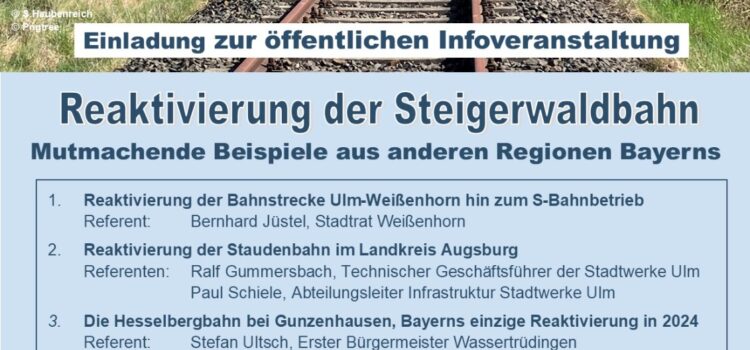 Steigerwaldbahn-Infoabend 20.5. 19:00 in Gerolzhofen Plakat zur Veranstaltung zeigt ein Foto der Strecke. Text:Alles auf NULL Steigerwaldbahn neu bewerten Einladung zur öffentlichen Infoveranstaltung Reaktivierung der Steigerwaldbahn Mutmachende Beispiele aus anderen Regionen Bayerns 1. REaktivierung der Bahnstrecke Ulm-Weißenhorn bis zum S-Bahnbetrieb Referent: Bernhard Jüstel, Stadtrat Weißenhorn 2. REaktivierung der Staudenbahn im Landkreis Augsburg Referenten: Ralf Gummersbach, Technischer Geschäftsführer der Stadtwerke Ulm; Paul Schiele, Abteilungsleiter Infrastruktur Stadtwerke Ulm 3. Die Hesselbergbahn bei Gunzenhausen: Bayerns einzige REaktivierung in 2024 Referent: Stefan Ultsch, ERster Bürgermeister Wassertrüdingen 4. Offene Diskussion und gemeinsamer Erfahrungsaustausch Wann: Dienstag, 20. Mai 2025 19-22 Uhr Wo: Pfarrer-Hersam-Haus Salzstraße 13, 97447 Gerolzhofen Logos von VCD, Förderverein und Geo.net