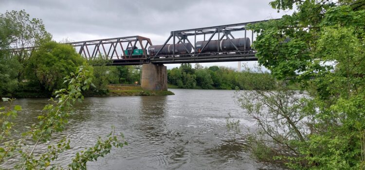 Über die Mainbrücke bei Schweinfurt fährt ein Güterzug
