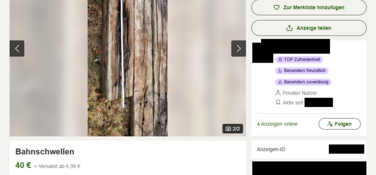 Bild: Verkauf von Altschwellen über kleinanzeigen.de in der Nähe der Sinntalbahn